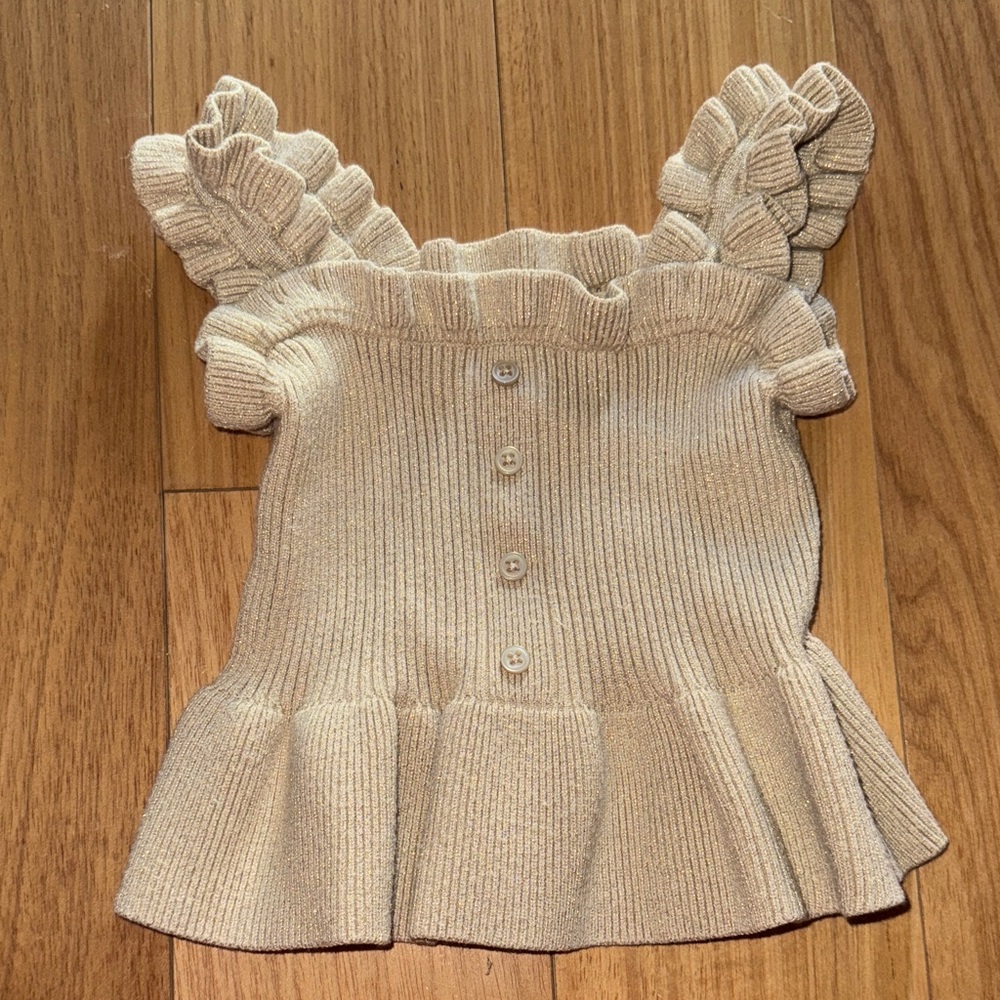 Ruffled Knit Glittery Tank Top in Beige